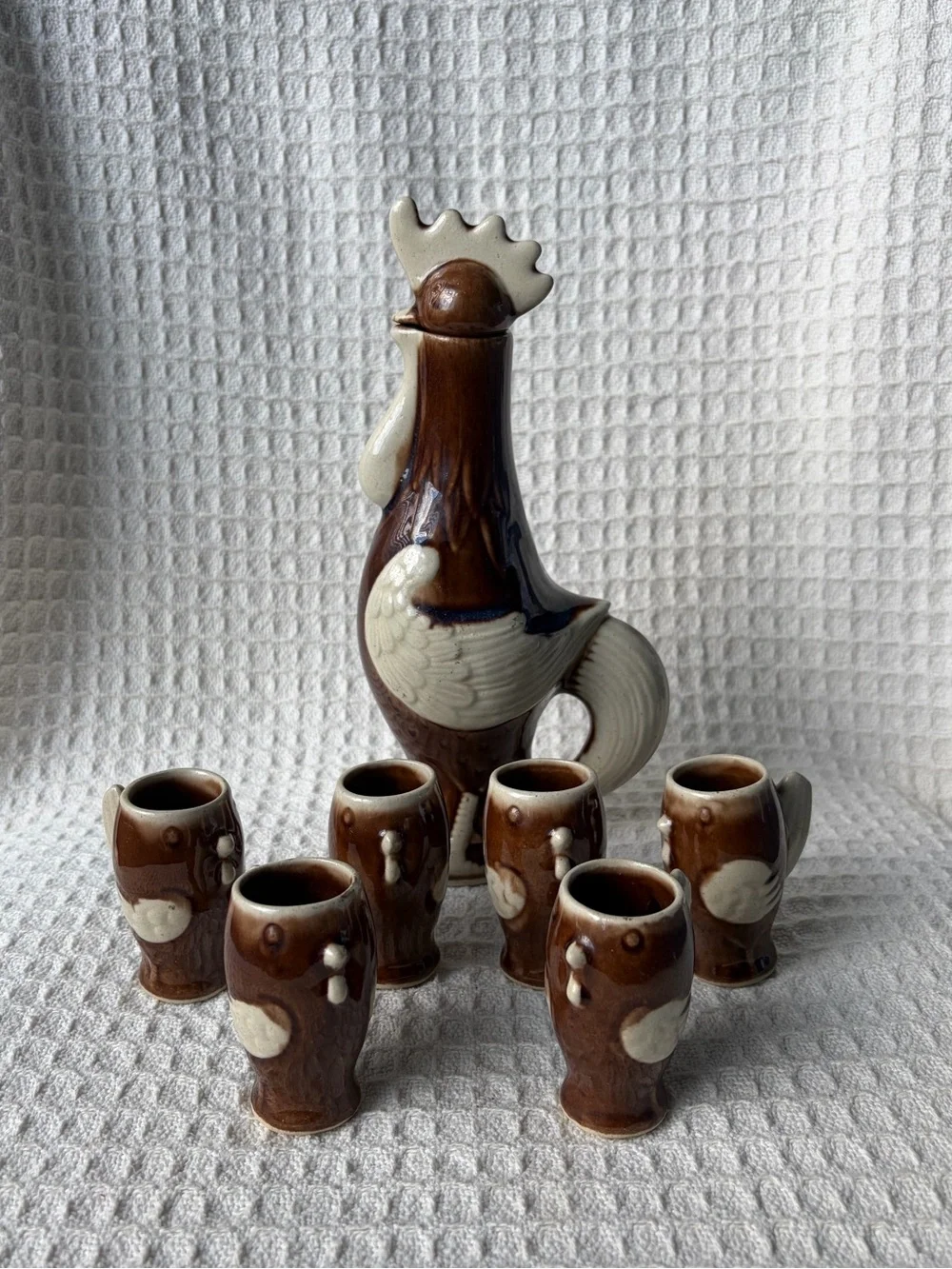 Vintage Mid-Century Ceramic Rooster Liqueur Decanter Set With Matching Cups